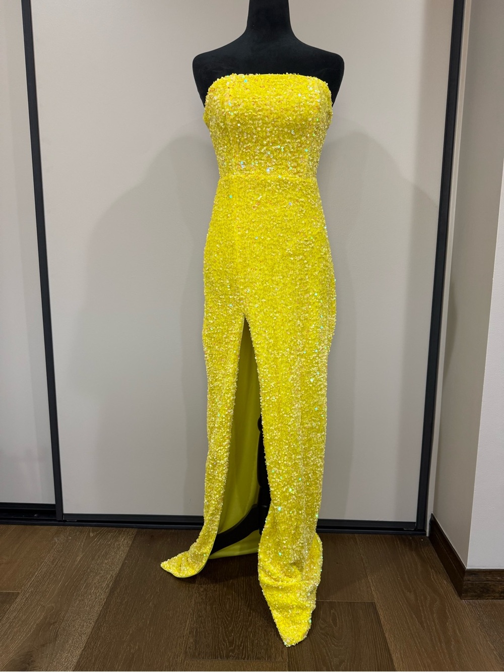 Fashion Nova Strapless Yellow Sequin Evening Gown